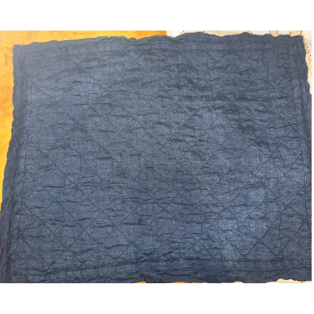 2 Pottery Barn Belgian Flax Linen Diamond Quilted Standard Pillow Sham Navy Blue